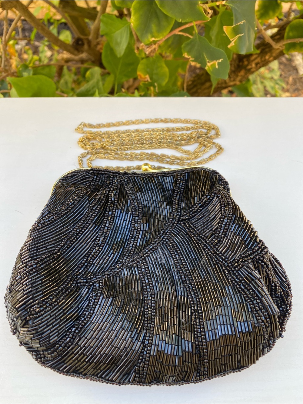 Black Beaded Evening Crossbody Bag with Gold Chain